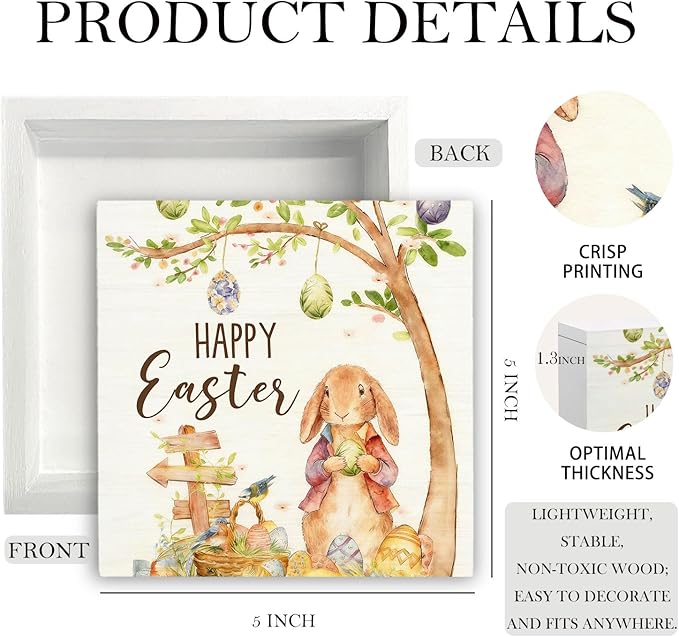 Rustic Easter Bunny Wooden Box Sign Desk Decor, Happy Easter Rabbit with Egg Spring Botanical Wood Signs for Bedroom Home Office Desk Table Shelf Decorations, 5x5 Inch