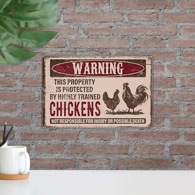 Warning This Property Is Protected By Highly Trained Chickens Vintage Metal Sign For Farm Chicken Coop Rural Home Or Garden 12 x 8 Inch Kitchen Wall Art