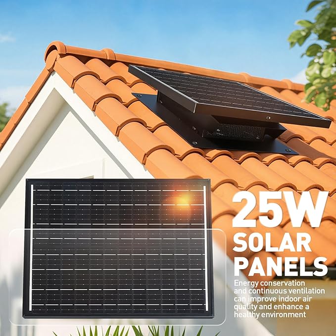 25W Solar Roof Vent Fan with 8-Inch Removable Roof Vent, Solar-Powered Attic Exhaust Fan for Enhanced Ventilation. Ideal for Home, Garages & Warehouses–Energy-Efficient & Easy Install, Black