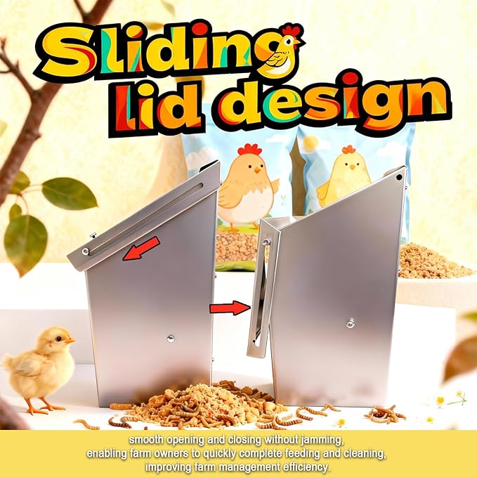 Stainless Steel Chicken Feeder 8Lbs - Manual Feed Quantity Control & Wall Mount Gravity Poultry Feeder with Push-Pull Lid for Chickens Ducks Geese Small Animals Indoor and Outdoor