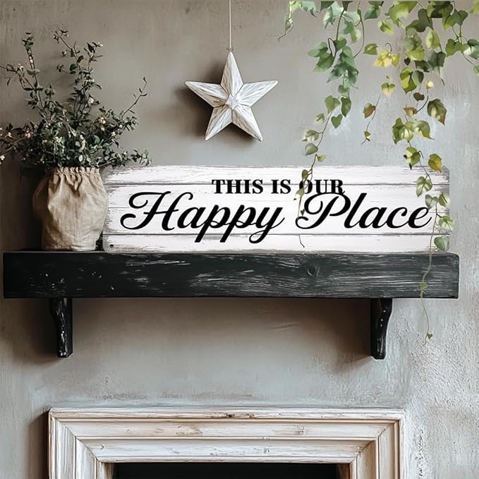 Rustic Room Decorative Sign - ''This Is Our Happy Place'' Metal Sign, 16x4 Inch - Farmhouse Art Sign For Home, Office, Restroom, Bar or Cafe Wall Decor, Space Decor