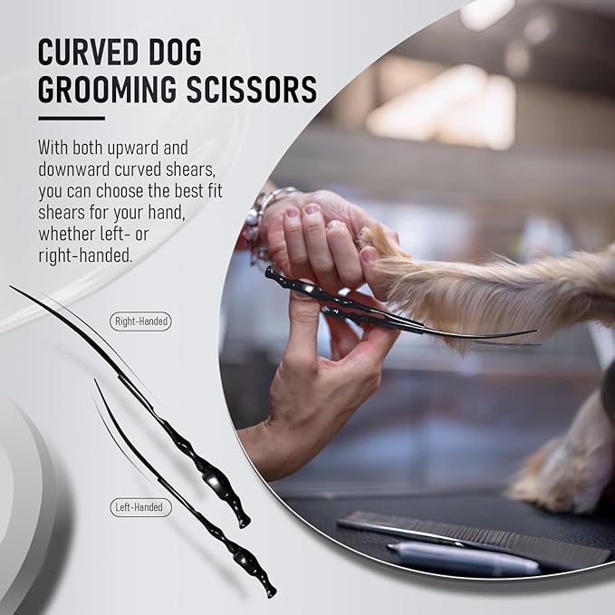 Purple Dragon Dog Grooming Scissors Set - Curved Thinning, Straight, Up & Down Curved Scissors and Comb, 7 Inch Black Shears with Adjustable Screw for Dogs and Cats