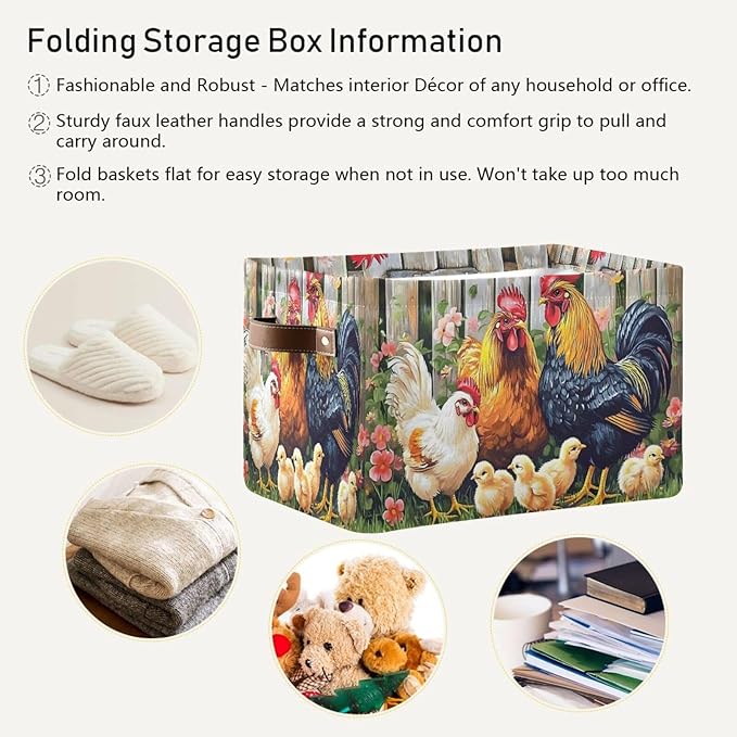 ALAZA Rooster Chicken Hen Garden Farm Storage Basket Large Foldable Canvas Storage Bin with Handle Rectangular Decorative File Box Fabric Boxes for Shelf Closet, 1 Pack