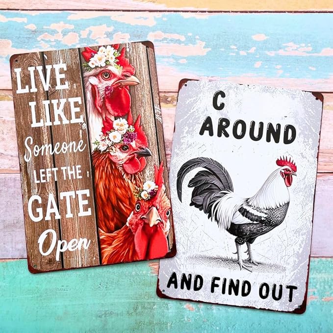 Chicken Coop Signs 4PC Set- Metal Tin Posters Rustic Wall Art Farmhouse Kitchen Vintage Home Decor Funny Outdoor Decorations Bathroom Restroom Bedroom Live Like Someone Left The Gate Open Sayings