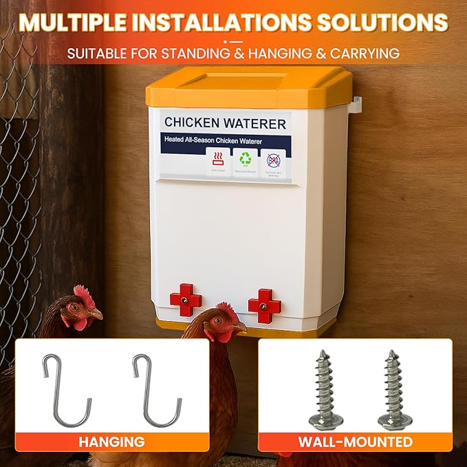Nexum Heated Chicken Waterer - 3 Gallon Winter-Proof Poultry Drinker with Nipples and Stand, Auto Thermostat for Chickens, Ducks & Quail - Freeze-Resistant, Easy Fill (Orange, 3 Gallon)