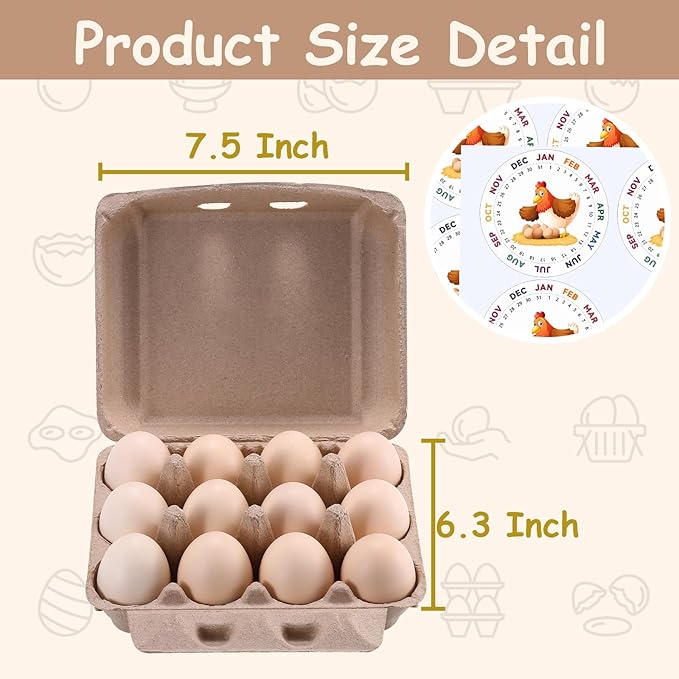 100 Pcs Vintage Egg Cartons with Labels, Square Dozen Egg Basket Blank Natural Paper Pulp, Classical 3x4 Style Holds Up to One Twelve 12 Count Chicken Eggs, Sturdy Eggs Box with Stickers