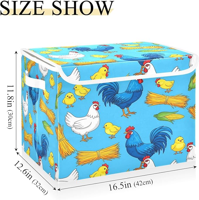 Chicken Rooster Chick Storage Bins with LidsCorn Hay Farm Blue Foldable Storage Basket with Handles Collapsible Large Fabric Organizer Containers for Clothes Shelves Closet Office Home
