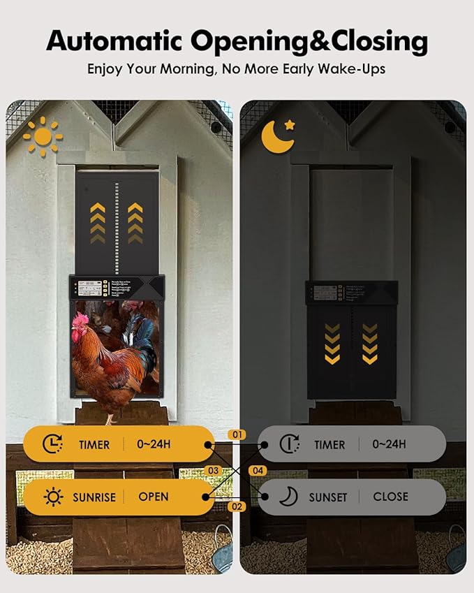 Automatic Chicken Coop Door Solar Powered,Aluminum Alloy Auto Door, Timer & Light Sensor, LCD Display, Remote Control, Anti-Pinch & Weatherproof Design, 4 Working Modes,Vertical Sliding Door
