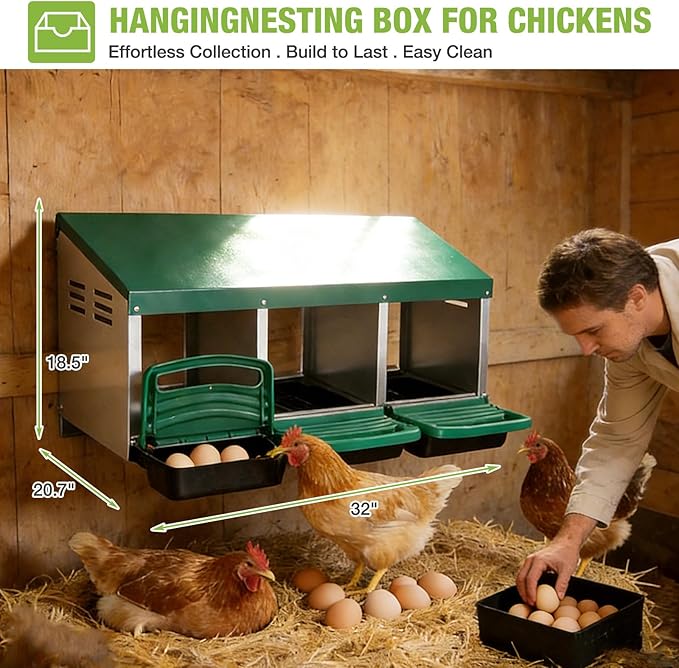 GUTINNEEN Chicken Nesting Box, 3 Compartment Metal Nesting Boxes with Roll-Away Egg System for Hens, Ducks & Rabbits, Technical Design for Efficient Egg Collection, Green