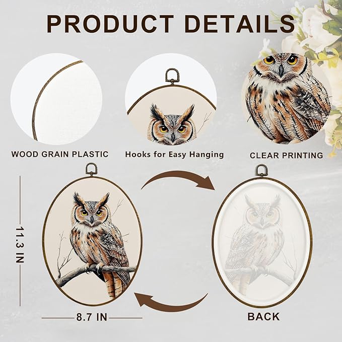 dvhdajed Vintage Owl Gifts Oval Wall Art Decor,Farmhouse Owl Canvas Prints Framed Canvas Art,Gifts for Owls Lovers Women,Retro Rustic Owls Oval Wall Hanging Decor for Bedroom Living Room, 8.7x11.3 In
