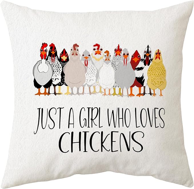 Sidhua Farmhouse Chicken Themed Pillowcase Decorations for Home, Just A Girl Who Loves Chickens Throw Pillow Cover 18”x18”, Chicken Lover Gifts, Farmer Girl Gifts