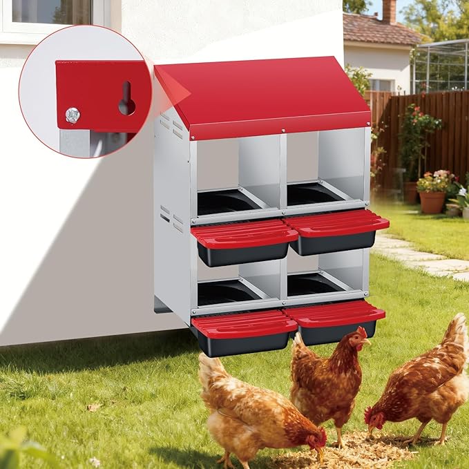Chicken Nesting Boxes with Rollout Egg Collection – 4-Compartment Metal Hen Nest Box with Removable Trays, Slanted Roof & Ventilation, Wall Mount or Standing for Backyard Poultry Coop, Red