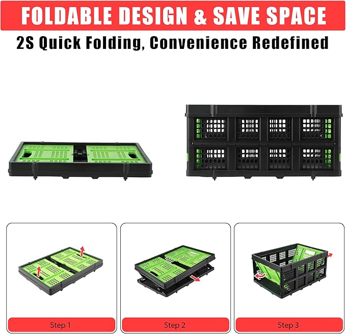 14.5 Gallon Green Collapsible Milk Crate, Heavy-Duty Plastic Storage Container with Handles, 55 LBS Load Capacity Stackable Folding Bin for Home Office Farm Garage Basement.