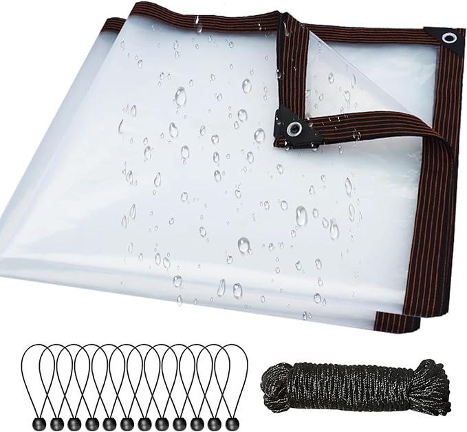 Clear Tarp, Heavy Duty Waterproof Plastic Tarps with Grommets Clear Vinyl Tarps Transparent Tarpaulin for Outdoor Porches Patio Enclosure Roofs Greenhouse Plant Chicken Coop Cover