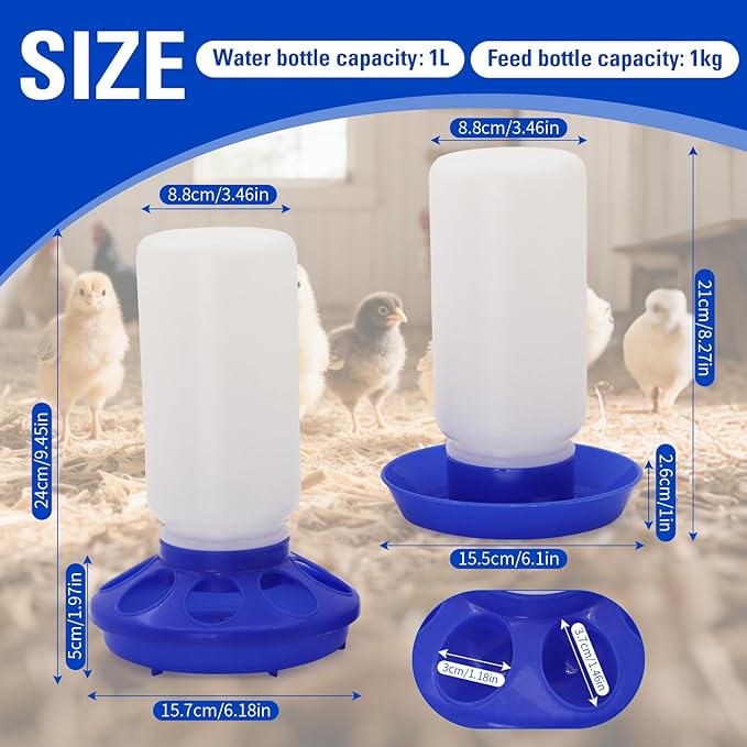 Chick Feeder and Waterer Set Kit-No Waste Baby Chick Starter Kit with 1L Chicken Water Dispenser and 1kg Feeder for Poultry and Baby Chicks,Plastic Chicken Coop Accessories (Blue, M)