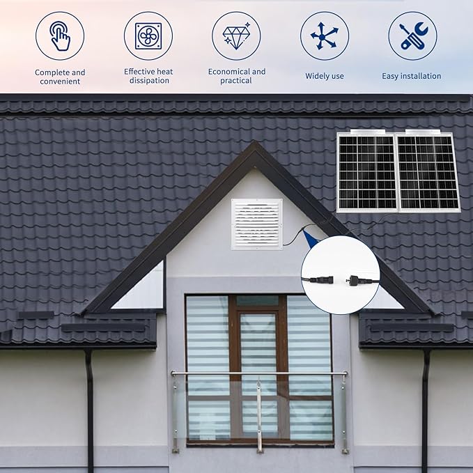 Solar Attic Fan Kit, 2pcs 20W Solar Panels + 25W DC Fan (Up to 1200RPM), Plug and Play, for Attic, Roof Vent, Greenhouse or Chicken Coop