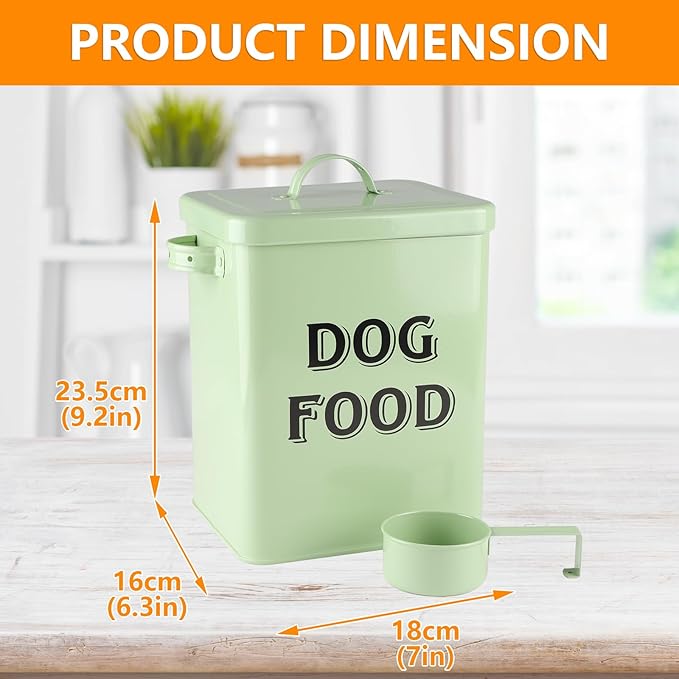 Dog Food Storage Container Farmhouse Pet Food Storage Containers with Lid and Scoop, Perfect Vintage Canister Treats Tin for Kitchen Countertop, Shelf, Great Gift for Pet Owners - Dog Food - Green