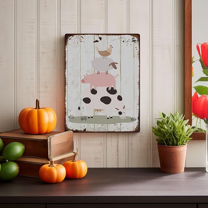 Rustic Farm Animals Metal Sign Chicken Sheep Pig Cow Vintage Style Wall Decor for Farmhouse Gift 12x8 Inches