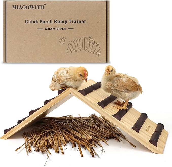 Chicken Perch and Ramp Trainer, 2 in 1 Sturdy Wooden Chicken Roosting Bar, Baby Chick Toys for Brooder, Chicks Coop Accessories,Training Perch for Chick Small Animal, Easy to Assemble