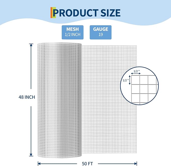 Hardware Cloth 1/2 inch - 48in x 50ft 19GA Heavy Duty Galvanized Chicken Wire Mesh Roll, Hot-Dipped After Welding for Chicken Coop, Rabbit Cages & Garden Fencing – Poultry Netting & Fencing