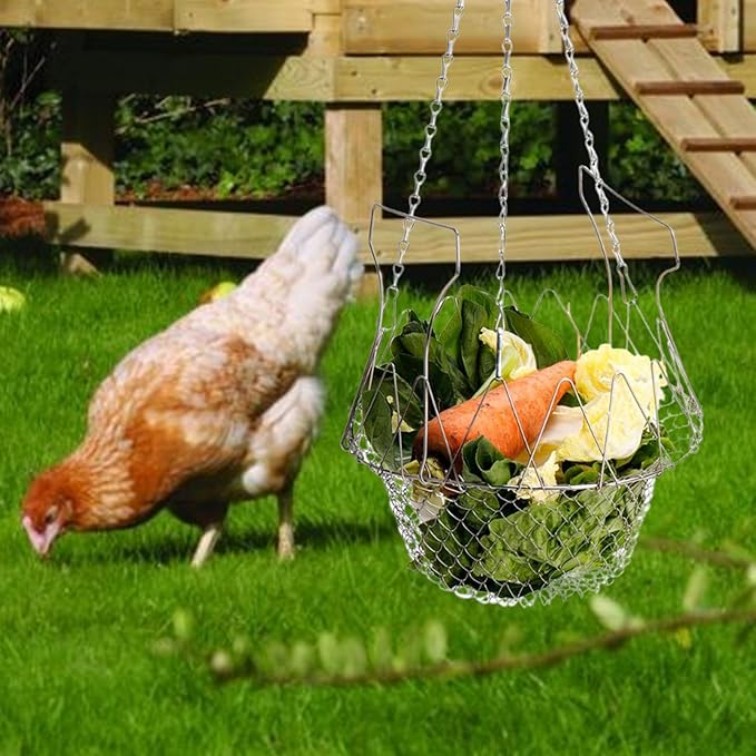 Generic Hanging Chicken Feeder Basket Stainless Steel with Chain Mesh Bird Feeder Chicken Holder for Yard Patio Courtyard Porch