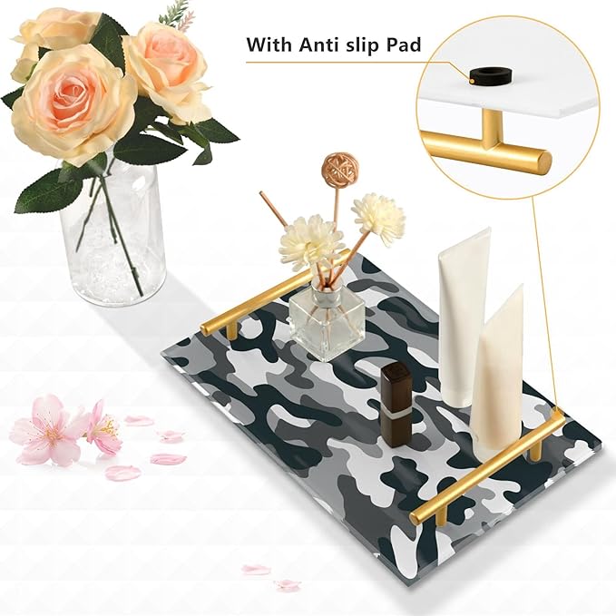 Bathroom Vanity Tray Counter Organizer, Camouflage Black White Pattern Decorative Tray with Handles Countertop Storage for Bathroom Bedroom Kitchen Home Farmhouse