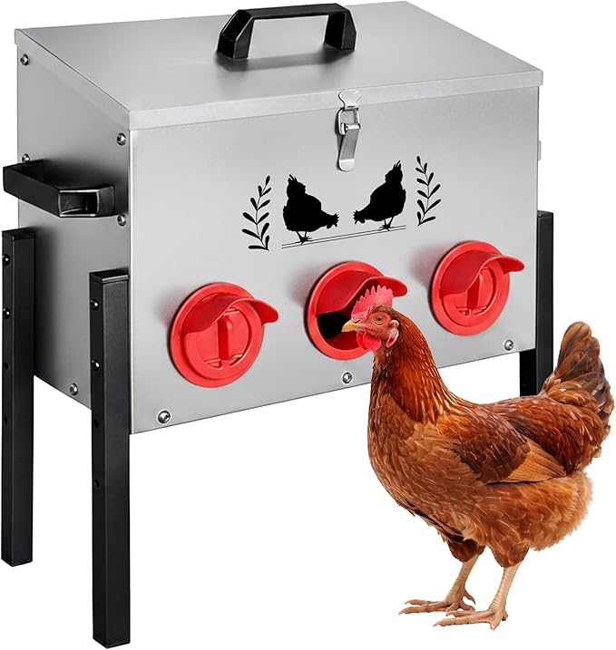 Large Capacity Automatic Chicken Feeder, 6 Port Chicken Feeder, 28LB Metal Chicken Feeders with Locking Lid & Adjustable Legs, No Waste Chicken Feeder, Silver