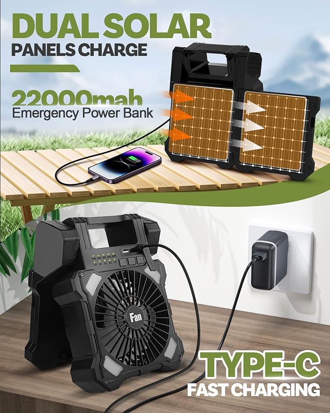 22000mAh Camping Solar Fan, Dual-Panel Rechargeable Solar Powered Fan with LED Light, 5 Adjustable Speeds Battery Powered Portable Fans, USB-C Fans for Travel Tent Home Camping Accessories