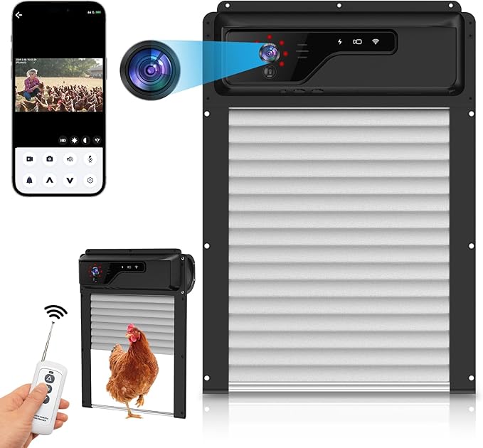 Automatic Chicken Coop Door with HD1080P Camera，Electric Auto WiFi Solar Chicken Coop Door Opener with Timer,Remote Control, APP Control, 5000mA Battery, Night Vision, Alarm Drive,Roll-up Gate