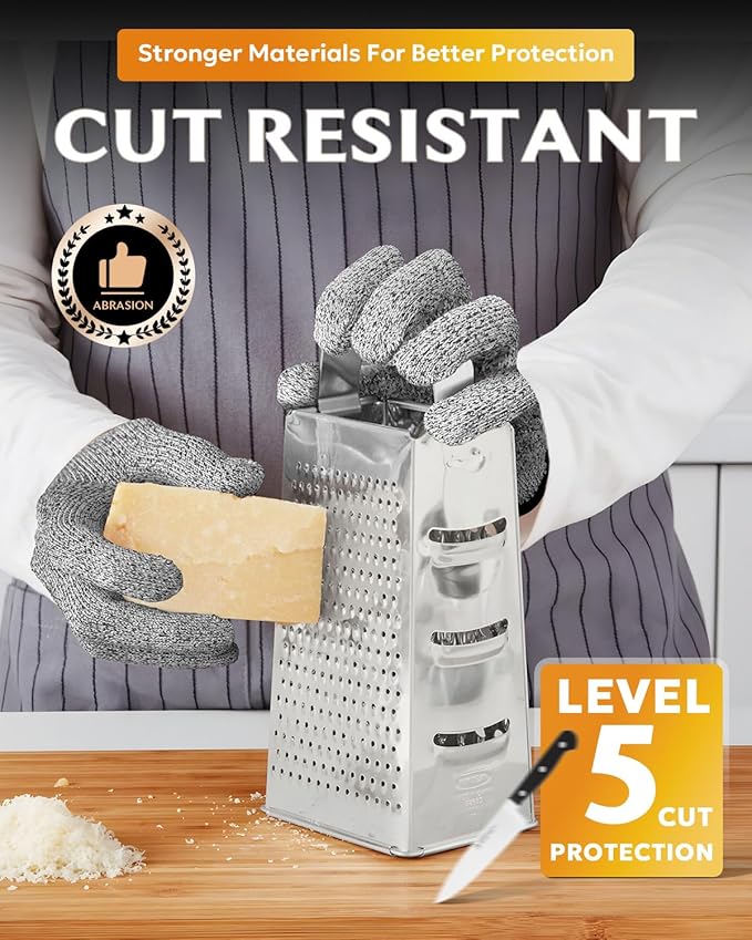 Evridwear Cutting Gloves Level 5 Cut Resistant, Food Safe Gloves with Non-Slip Grip for Kitchen, Meat Cutting & Mandoline Use, 2 Pairs(S, Gray+Gray)