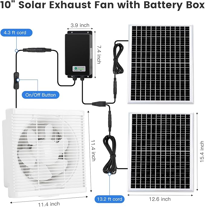 Solar Exhaust Fan, Solar Powered Vent Fan Kit for Outside Greenhouse Shed Chicken Coop (10" Fan with Battery)