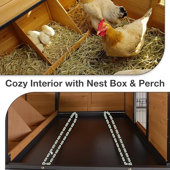 85.6" Chicken Coop with Wheels and Large Run, Heavy Duty Metal Frame Wooden Hen House for 4-6 Chickens, Mobile Poultry Cage with 3 Nesting Boxes, Waterproof Asphalt Roof & Anti-Predator Locks