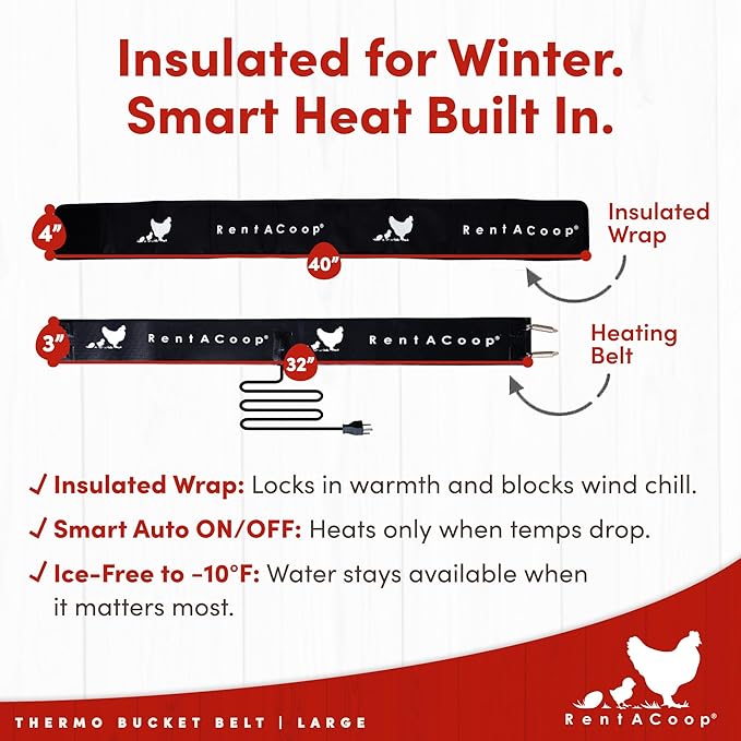 RentACoop Heated Chicken Waterer Belt for Winter, Thermo Bucket Heater Strap LG with Insulated Wrap for 2-5 Gal, 40W Energy Efficient, Safe to -10°F, Auto Thermostat