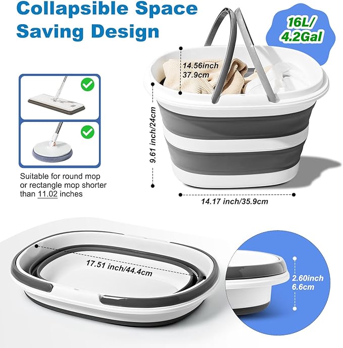 Collapsible Bucket 16L with Handles, Cleaning Mop Bucket Space Saving Foldable Silicone Tub for Laundry Storage Camping, Portable Wash Basin for Home & Car, 4.2 Gallon Compact Utility Plastic Bucket