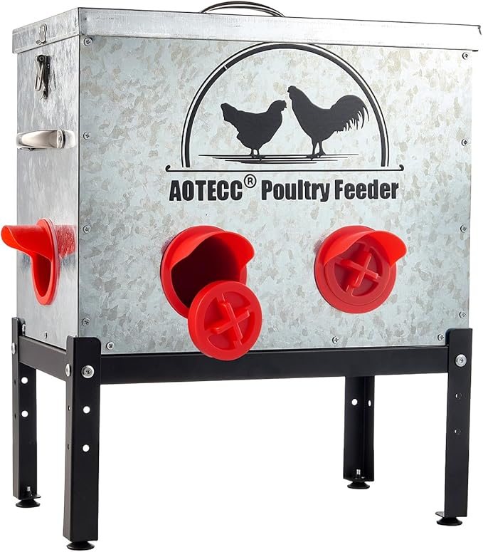 Metal Chicken Feeder, 40lb Automatic Chicken Feeder - 6 Feeding Ports, No Waste Poultry Feeder with Locking Lid & Legs for Outdoor Inside Chicken Coops Geese Ducks, Weatherproof, Rodent Proof
