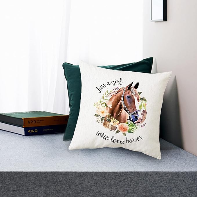 Sidhua Horse Themed Pillowcase Decorations for Home, Just A Girl Who Loves Horses Throw Pillow Cover 18"x18", Horse Lover and Rider Gifts for Girls