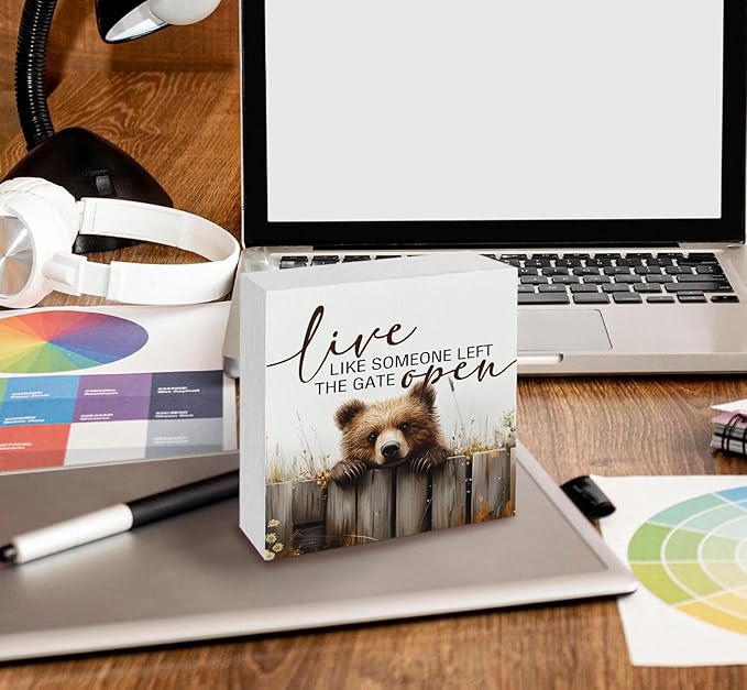 Rustic Bear Sign - Live Like Someone Left The Gate Open Wooden Box Signs, Bear Decorations For Home, Farmhouse Wood Decoration Home Decor For Desk Table Shelf 6x6 Inch Decorative Signs & Plaques