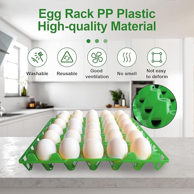 5PCS Egg Flats, Green Plastic Chicken Egg Cartons Stackable & Reusable Egg Crates Holder Trays for Storage Transportation (30 Eggs/Tray)