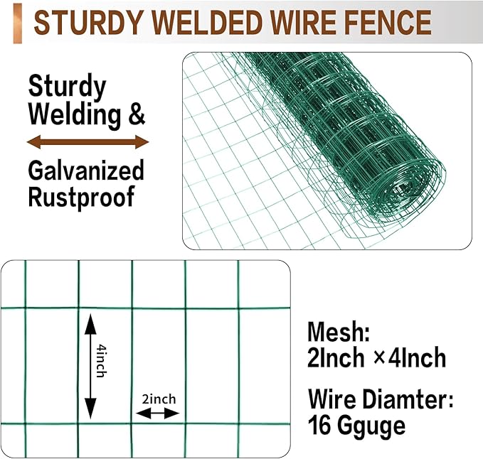Tongmo 3 ft x 100 ft Green PVC Coated Welded Wire Fence, 16GA Garden Chicken Wire Fence Roll, Mesh Size 2" x 4" Hardware Cloth, Ideal for Yard Protection and Poultry Netting