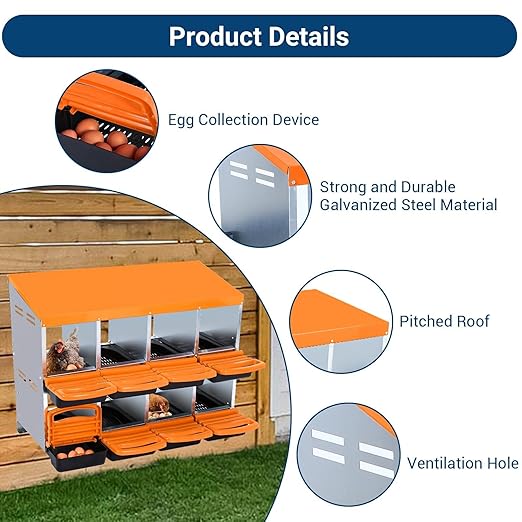 Chicken Nesting Boxes, 8 Hole Metal Chicken Laying Box with with Removable Trays and Roll Out Egg Collection for Chicken Coop, Orange