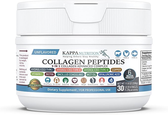 KAPPA NUTRITION Collagen Type I, II, III, 6 Billion Probiotic Acid Resistance, Hyaluronic Acid, Vitamin C, Biotin, Copper and MCT Oil, Beautiful Hair, Nails, & Skin, Collagen Peptides 9 in 1 (11.9oz)