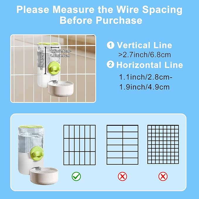 Auto Gravity Siphon Water Dispenser for Cage Hanging, 34OZ Capacity Hanging Automatic Pet Cage Waterer, Water Bowl for Cats Dogs Rabbit Ferret Chinchilla Bird Hedgehog Guinea Pig (Light Green)