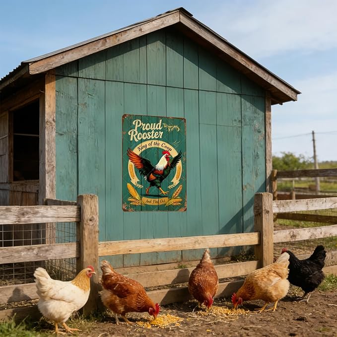 Funny Rooster Sign Pround Rooster King of the Coop Rustic Tin Sign for Home Farm Chicken Coop Decor 12x8 Inch