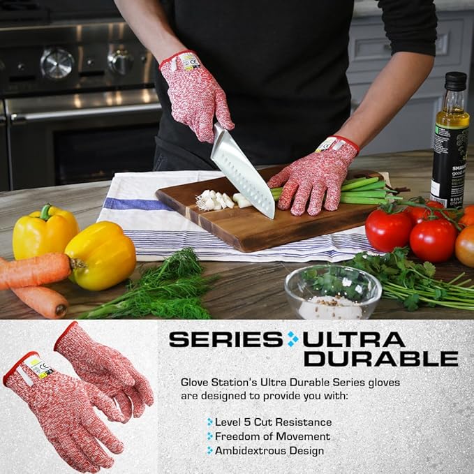 Glove Station Ultra Durable Series Cut Resistant Gloves - Cutting Gloves for Chefs, BBQ and Cooking - Level 5 Protection, Food Grade Safe Cut - Red, Large Size [2-Pack]