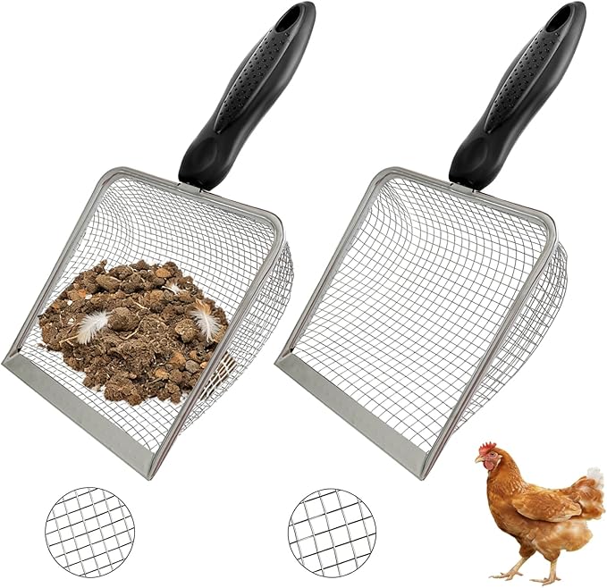 2 Pack Chicken Poop Scooper for Coop, Mesh Sifting Shovel with 3.8mm & 5mm Holes, 5.5" Metal Chicken Coop Rake and Scoop Cleaning Tool, Scooper Shovel for Sifting Sand, Litter, Chicken Supplies (5.5")