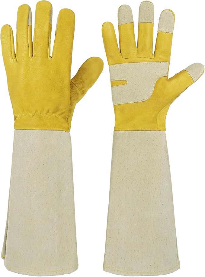 HANDLANDY Rose Pruning Gardening Gloves for Men Women, Thorn Proof Forearm Protection Leather Garden Gloves, Gardening Gifts for Gardeners (Butter Yellow, X-Large)