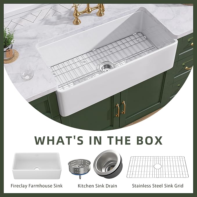 TUKTUK White Farmhouse Sink 33 inch Fireclay Apron Front Farm House Kitchen Sink Single Bowl Deep Drop In Undermount Reversible Heavy Duty Easy to Clean Porcelain Kitchen Basin Modern Luxury Accessory