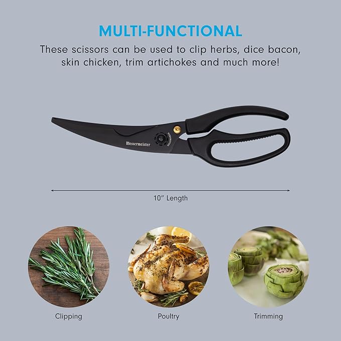 Messermeister 10-Inch Push Button Take-Apart Poultry Shears, Titanium Black - High-Carbon Stainless Steel & Soft-Grip Handles - Includes Nut Cracker & Bottle Opener