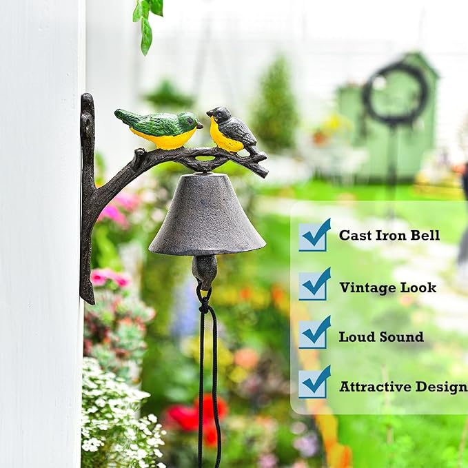 Sungmor Cast Iron Dinner Bell, Outside Farmhouse Door Bell, Wall Hanging Bell, Antique Lovely Color Birds Decorative Manually Shaking Doorbell, Indoor Outdoor Wall Mounted Ornamental Dinner Bell