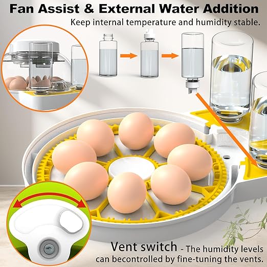 Egg Incubators for Hatching Eggs, 8/30 Chicken Egg Incubator with Automatic Egg Turning, Temperature Control & Humidity Display, Egg Candler, Home Use for Chicken, Duck, Quail - 2 Egg Trays Yellow